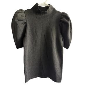 Alice + Olivia Issa Puff Sleeve Mock Turtleneck Sweater Top Black Metallic SZ M